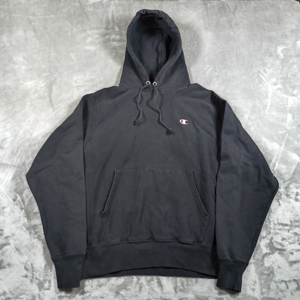 Vintage Champion Reverse Weave Hoodie Mens Medium Black Pullover Sweatshirt Y2k